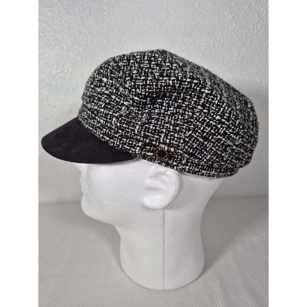Black White Tweed Newsboy Cap Baker Boy Fisherman Hat with Black Brim